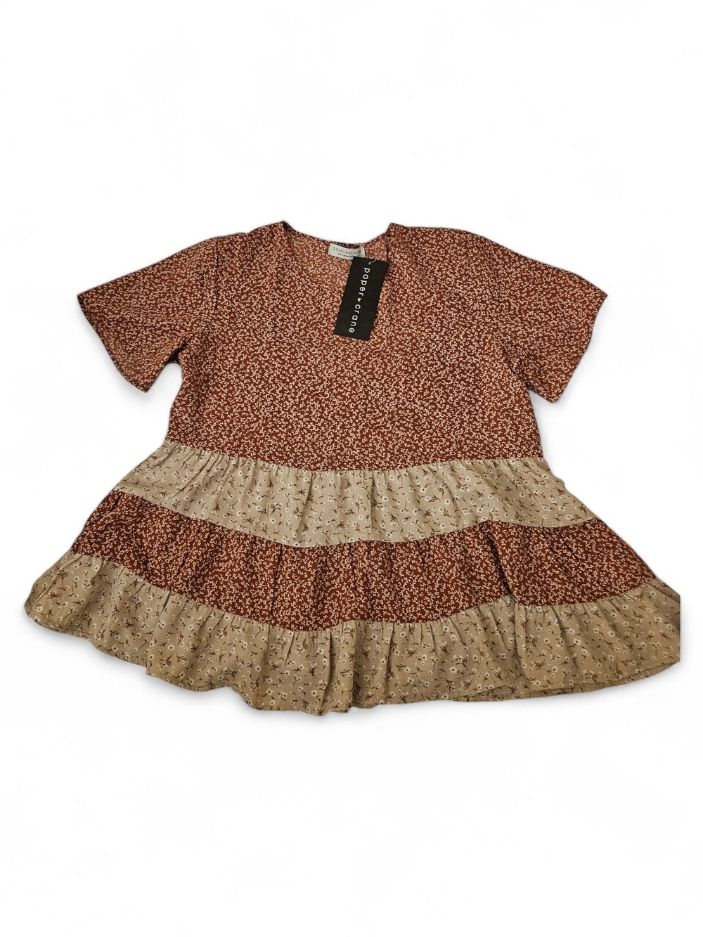 Paper Crane Brown and Tan Tiered Floral Short-Sleeve Blouse